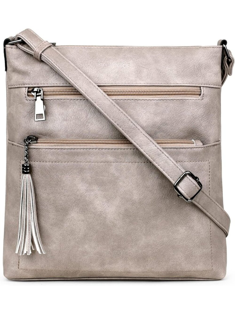 Women's Grey Multi Pocket Crossbody Bag Trendy Tassel With Adjustable Strap